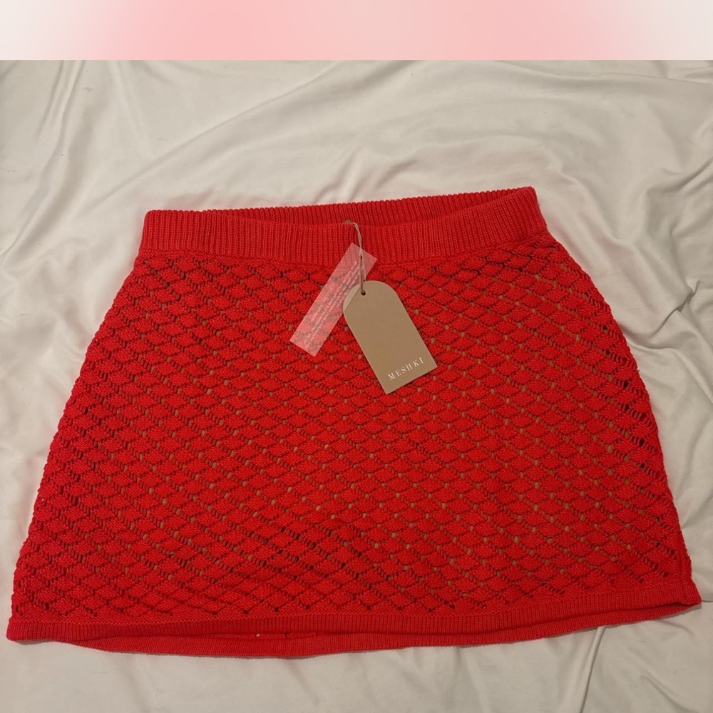 Meshki Knit Red Crochet Mini Skirt